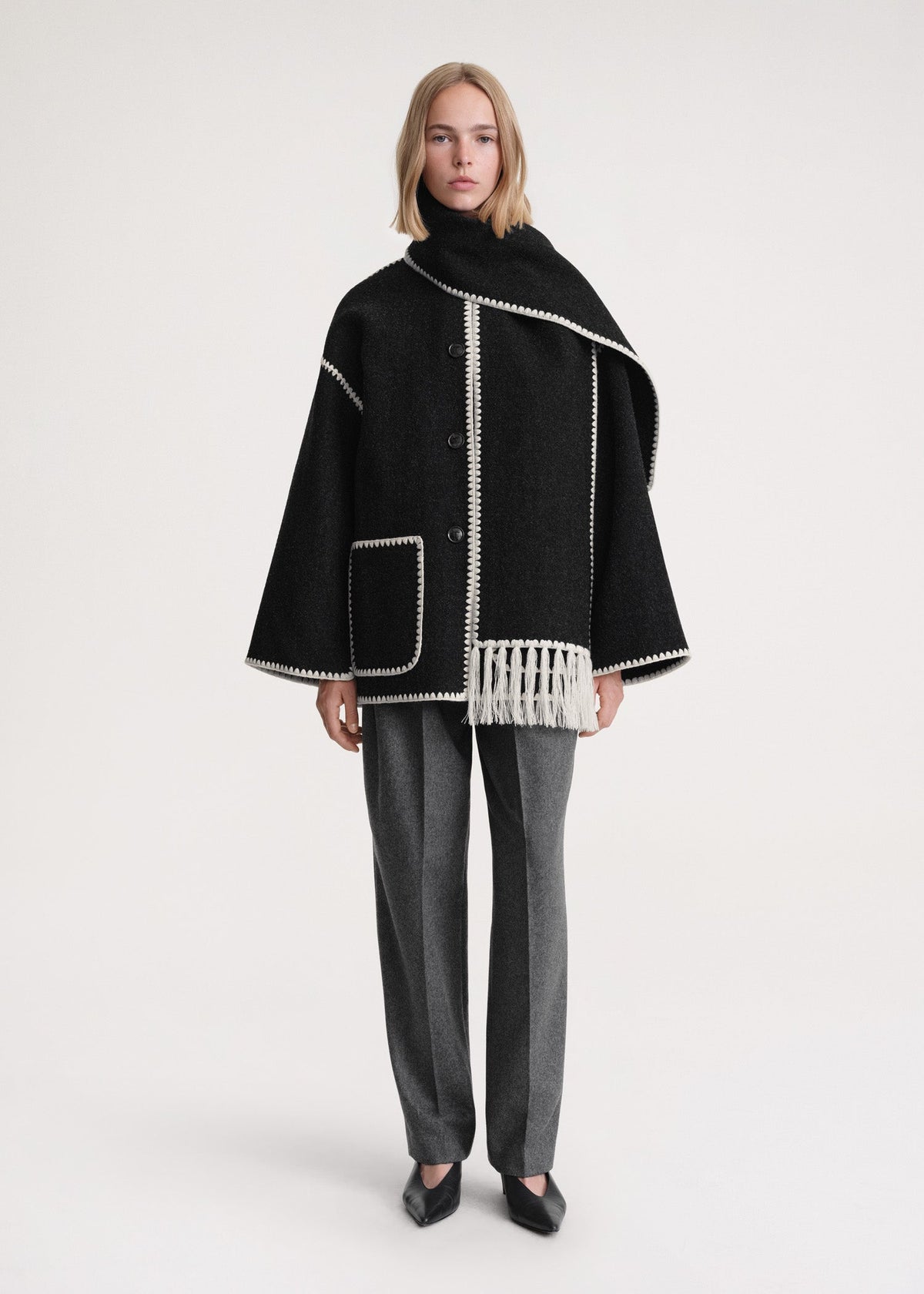 Women's formal high-neck wrap coat in black, front view