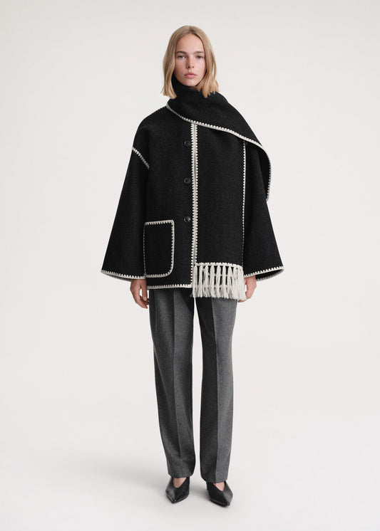 Women's formal high-neck wrap coat in black, front view