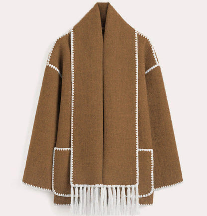 Women's formal high-neck wrap coat in brown, front view