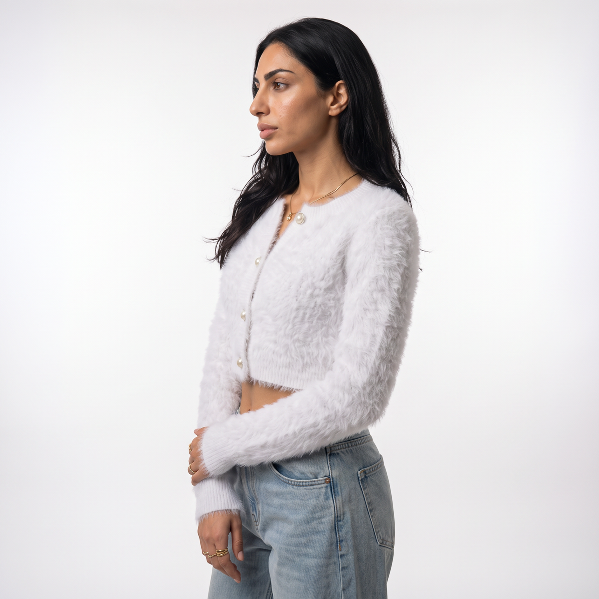 Women's fuzzy cropped pearl button cardigan in white, side view