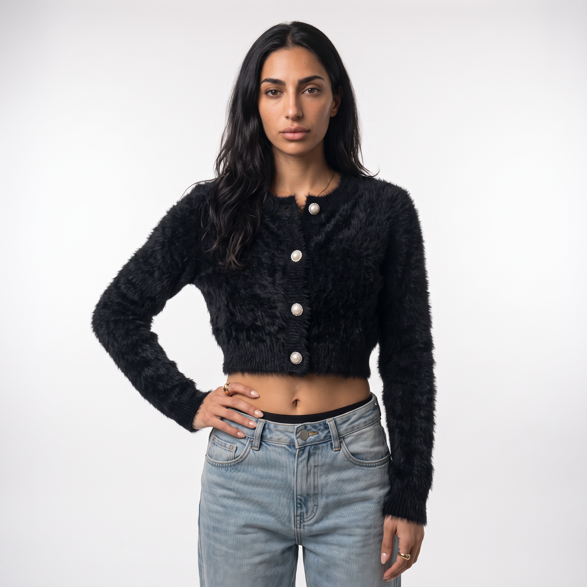 Women's fuzzy cropped pearl button cardigan in black, front view