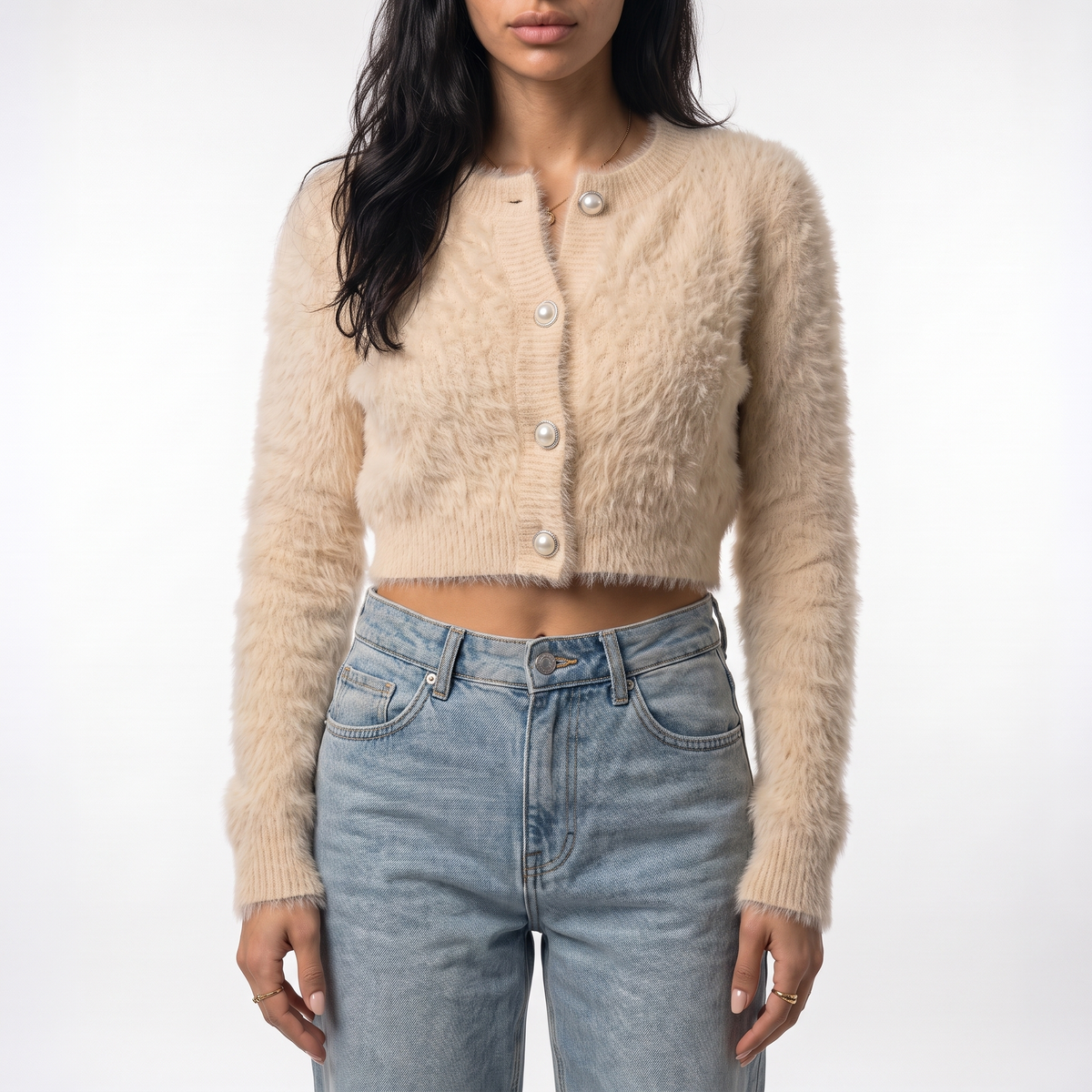 Women's fuzzy cropped pearl button cardigan in cream, front view