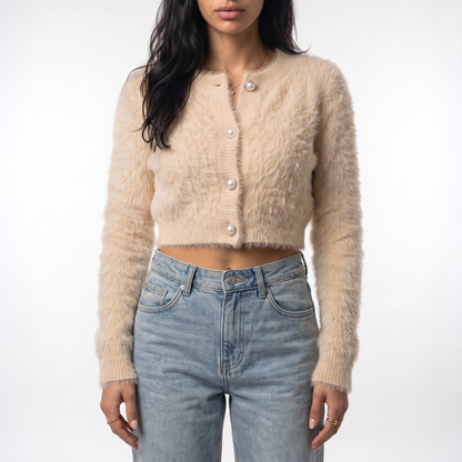 Women's fuzzy cropped pearl button cardigan in cream, front view