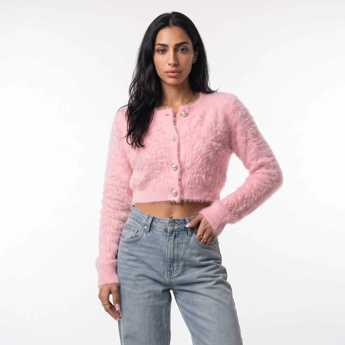 Women's fuzzy cropped pearl button cardigan in pink, front view