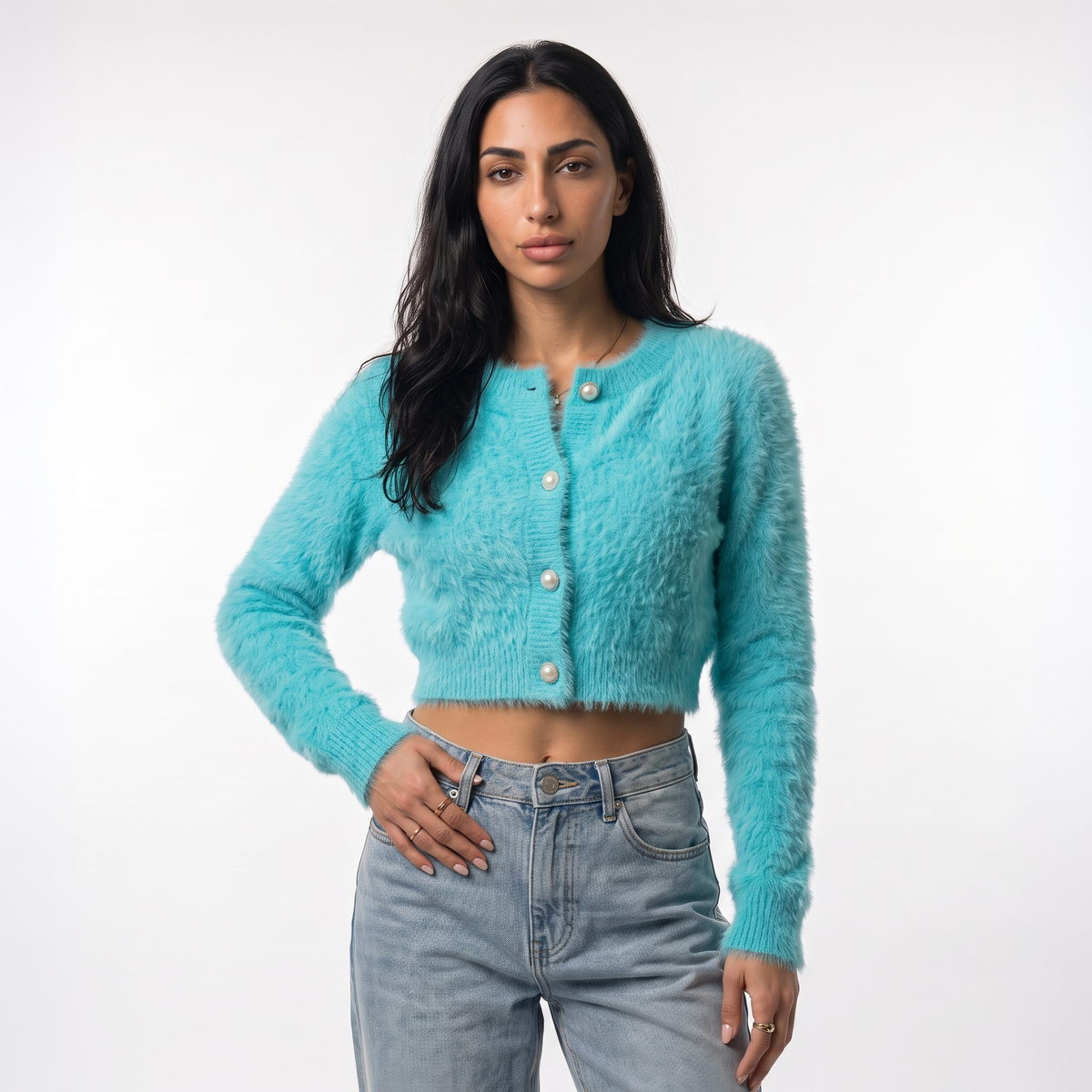 Women's fuzzy cropped pearl button cardigan in turquoise, front view