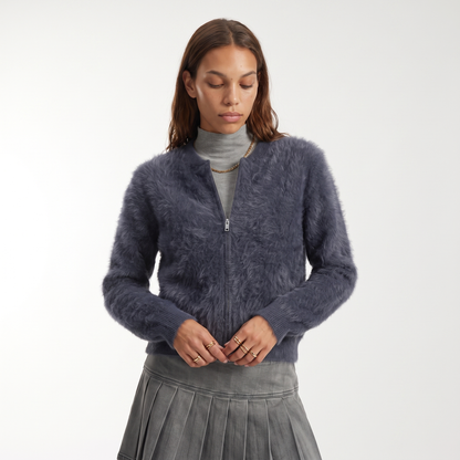 Women's fuzzy mohair zip cardigan in blue-grey, front view