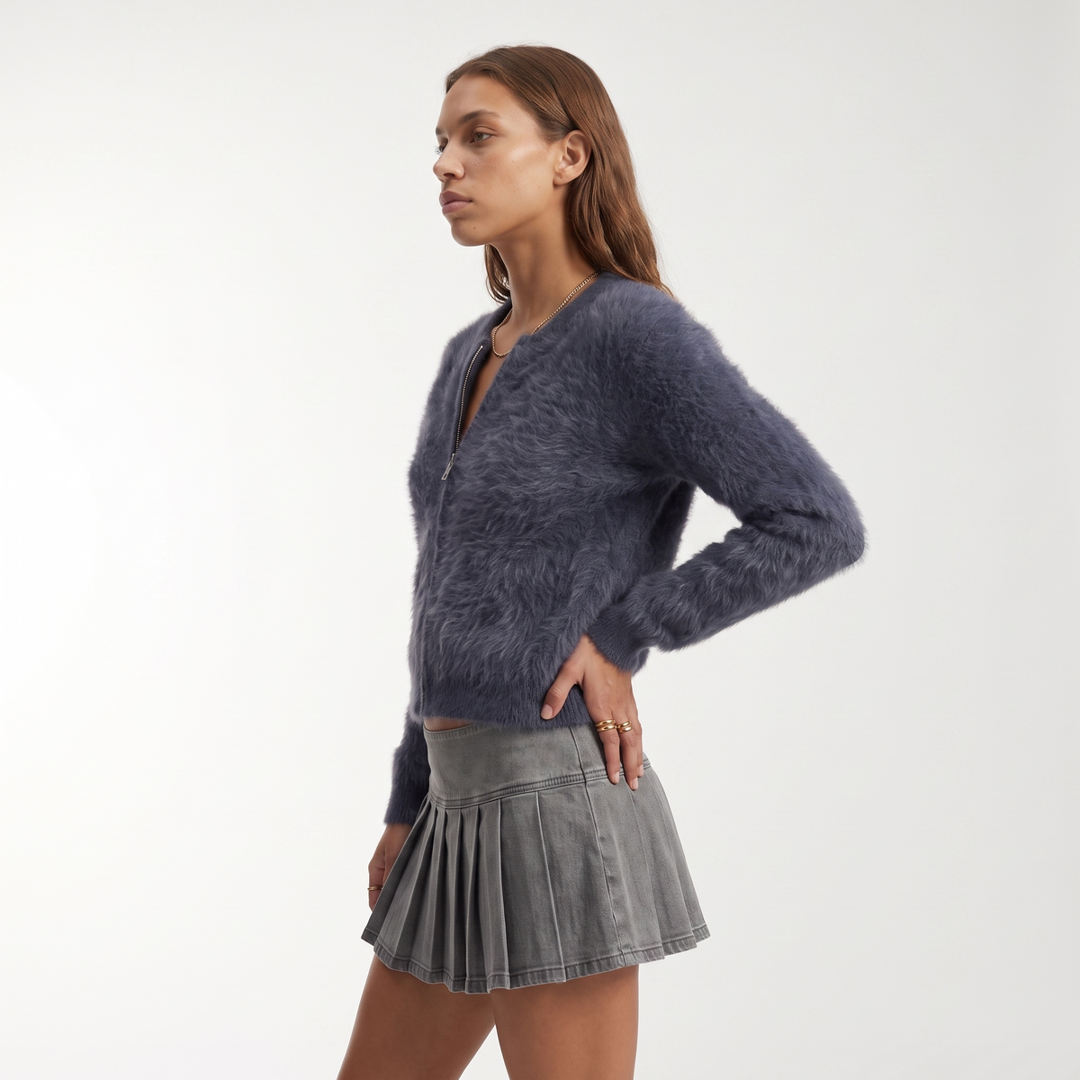 Women's fuzzy mohair zip cardigan in blue-grey, side view
