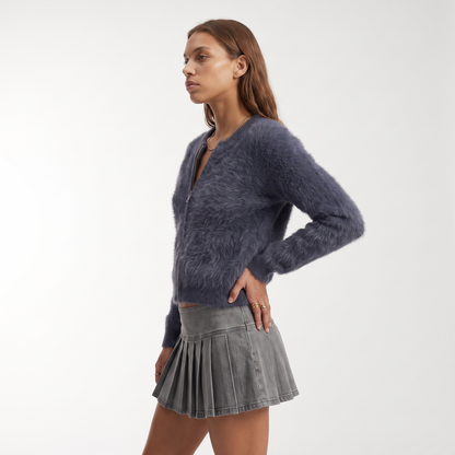 Women's fuzzy mohair zip cardigan in blue-grey, side view