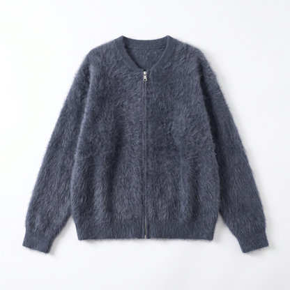 Women's fuzzy mohair zip cardigan in blue-grey, flatlay view