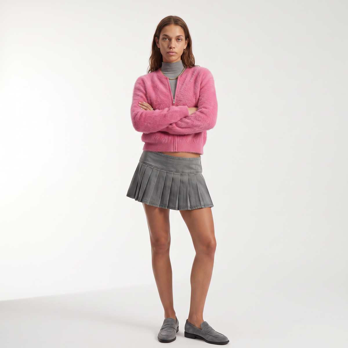 Women's fuzzy mohair zip cardigan in rose pink, front view