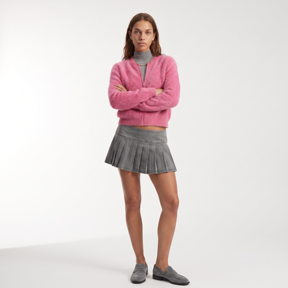 Women's fuzzy mohair zip cardigan in rose pink, front view