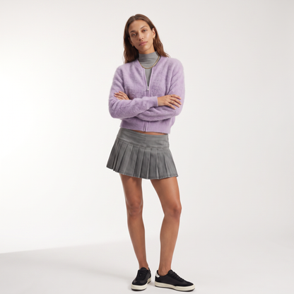 Women's fuzzy mohair zip cardigan in lilac purple, front view