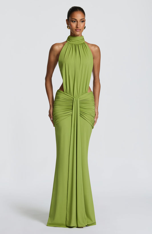 Women's halter maxi dress in green, front view
