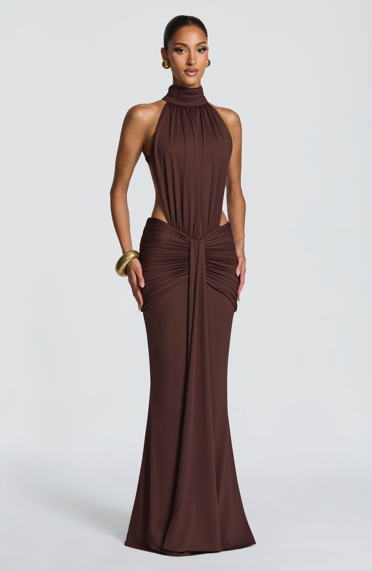 Women's halter maxi dress in brown, front view