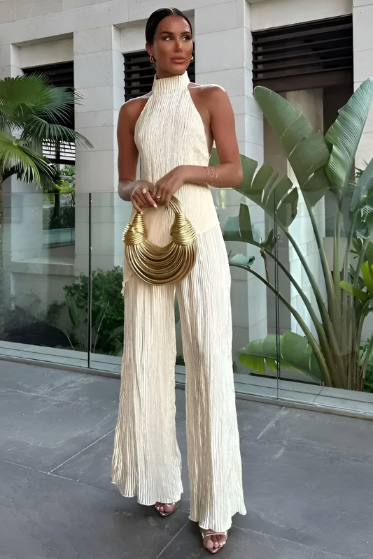 Women's halter neck pleated jumpsuit, front view