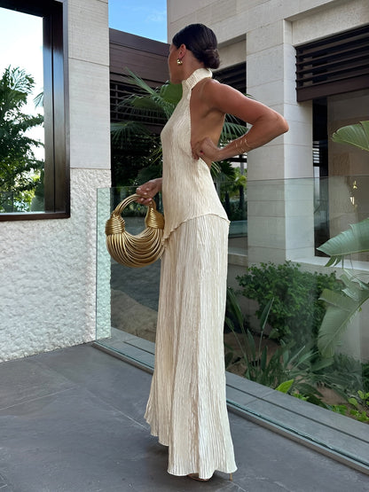 Women's halter neck pleated jumpsuit, side view