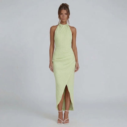 Women's halter wrap maxi dress in emerald green, front view