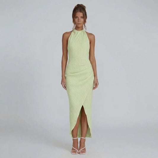 Women's halter wrap maxi dress in emerald green, front view