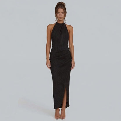 Women's halter wrap maxi dress in jet black, front view