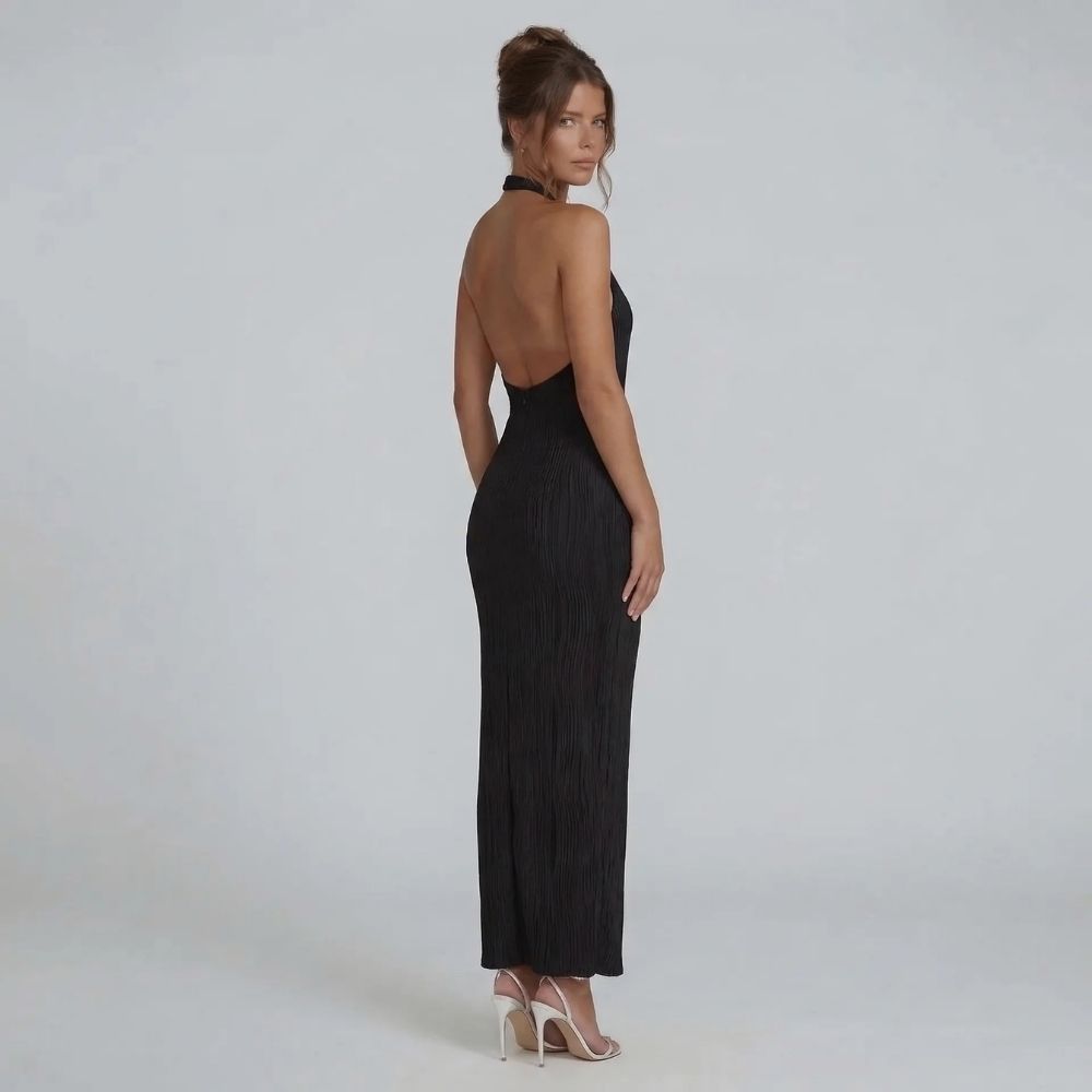 Women's halter wrap maxi dress in jet black, open back view