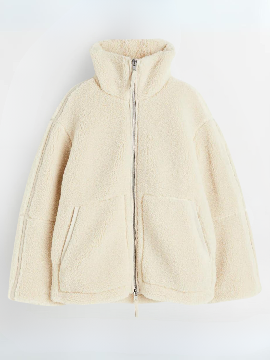 Women's high collar long sleeve coat in white, back view