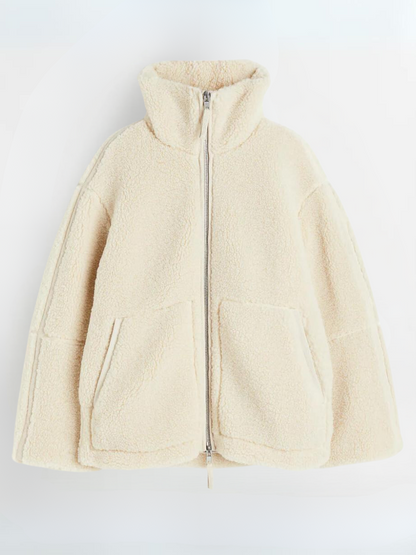 Women's high collar long sleeve coat in white, back view