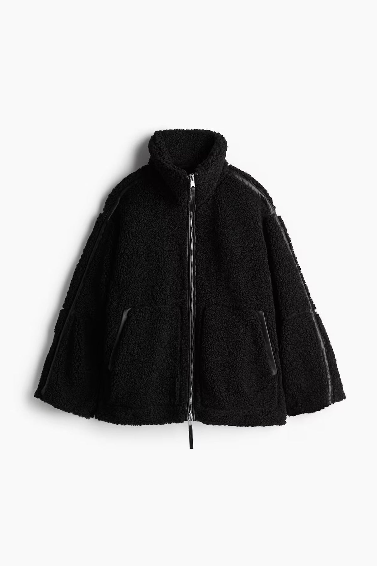 Women's high collar long sleeve coat in black, detail view
