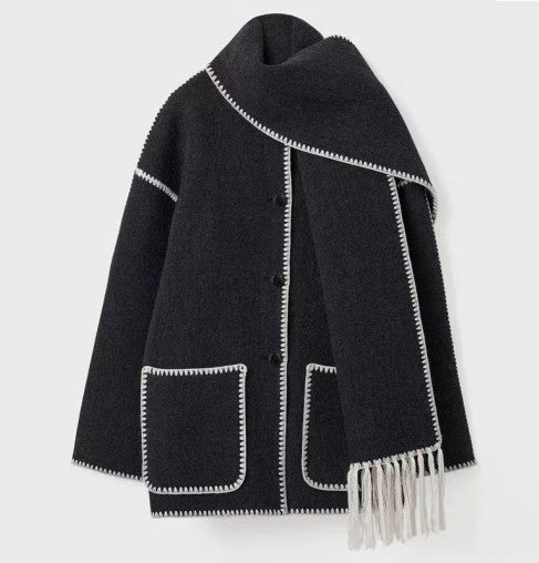 Women's high-neck wrap coat in white and black, front view