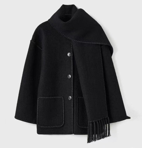 Women's high-neck wrap coat in black, front view