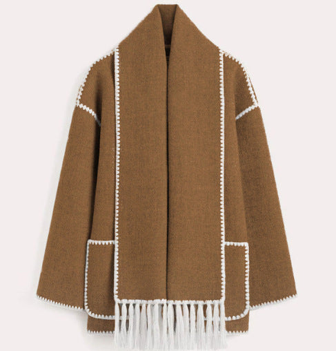 Women's high-neck wrap coat in brown, front view