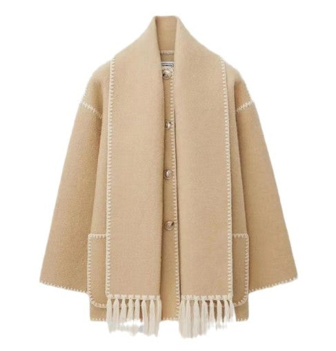 Women's high-neck wrap coat in beige, front view