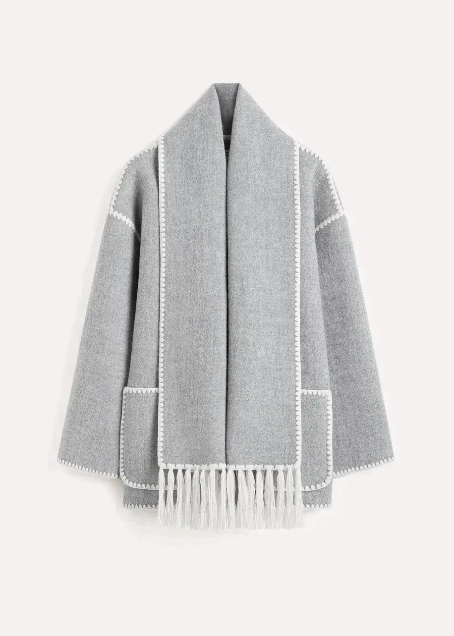 Women's high-neck wrap coat in gray, front view