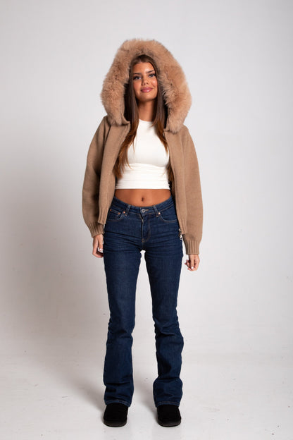 Women's hooded long sleeve cardigan in brown, front view