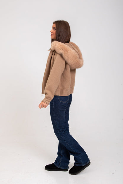 Women's hooded long sleeve cardigan in white, front view