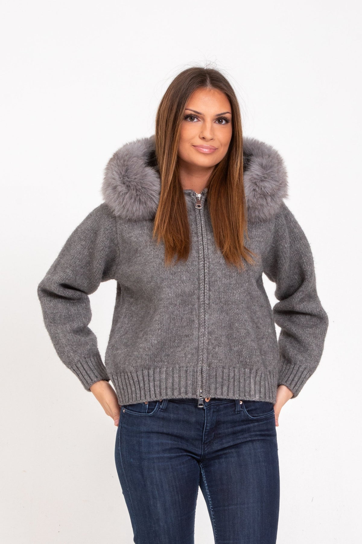 Women's hooded long sleeve cardigan in gray, front view