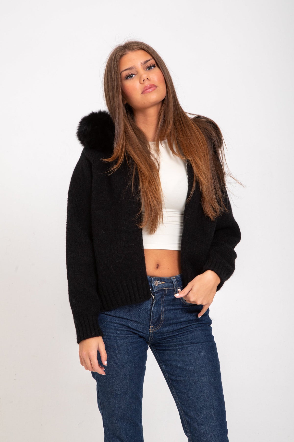 Women's hooded long sleeve jacket in black, front view