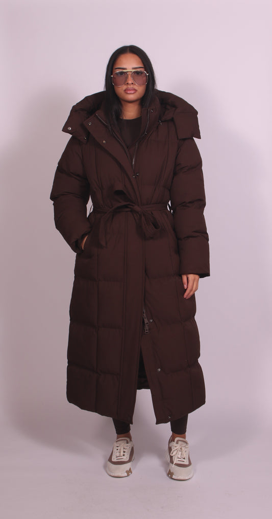 Women's hooded puff quilted coat in brown, front view