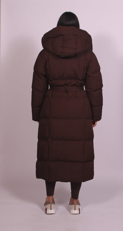 Women's hooded puff quilted coat in brown, back view
