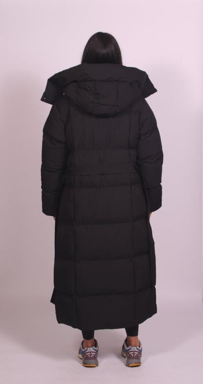 Women's hooded puff quilted coat in black, back view