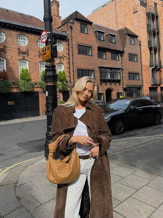 Women's lapel long sleeve coat, front view
