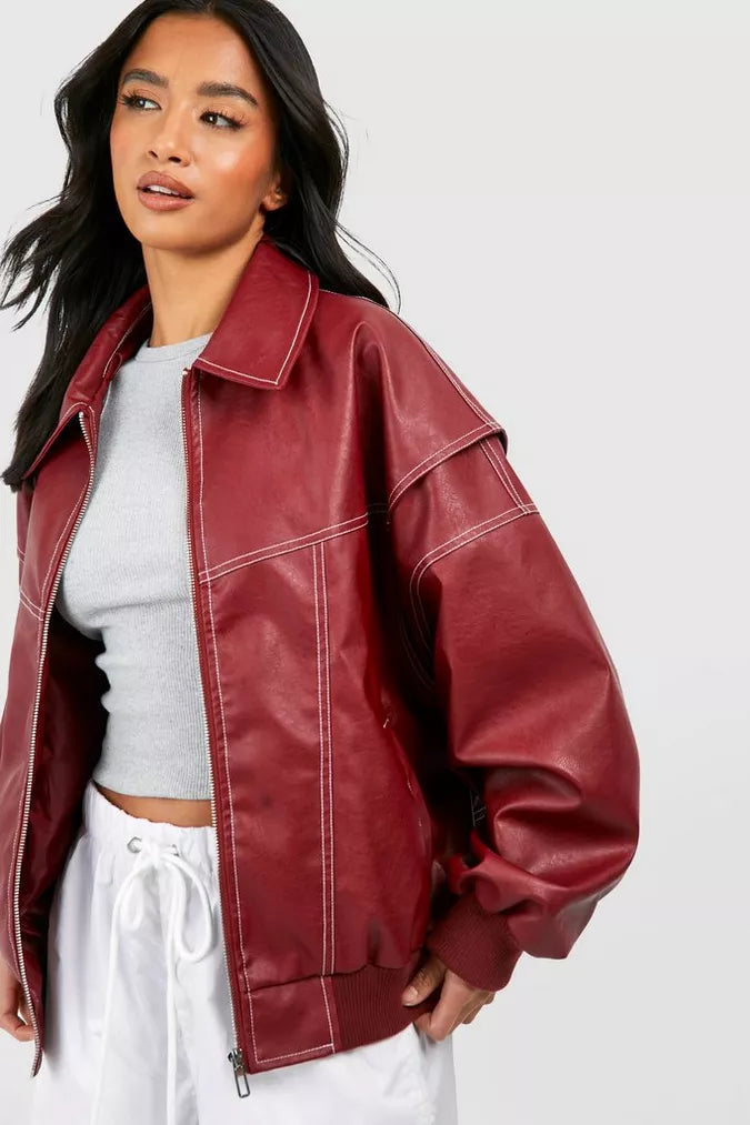 Women's lapel notched long sleeve jacket in red, detail view