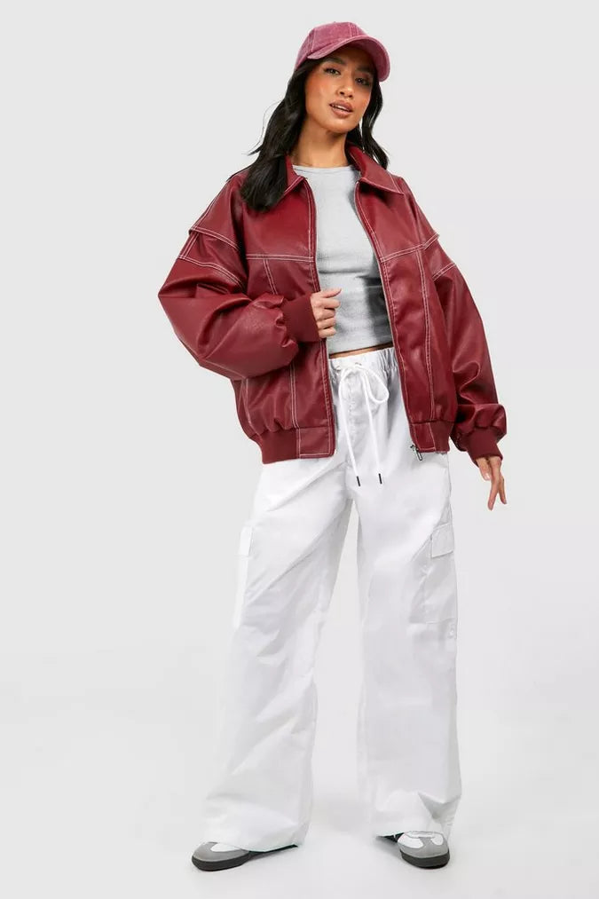 Women's lapel notched long sleeve jacket in red, side view