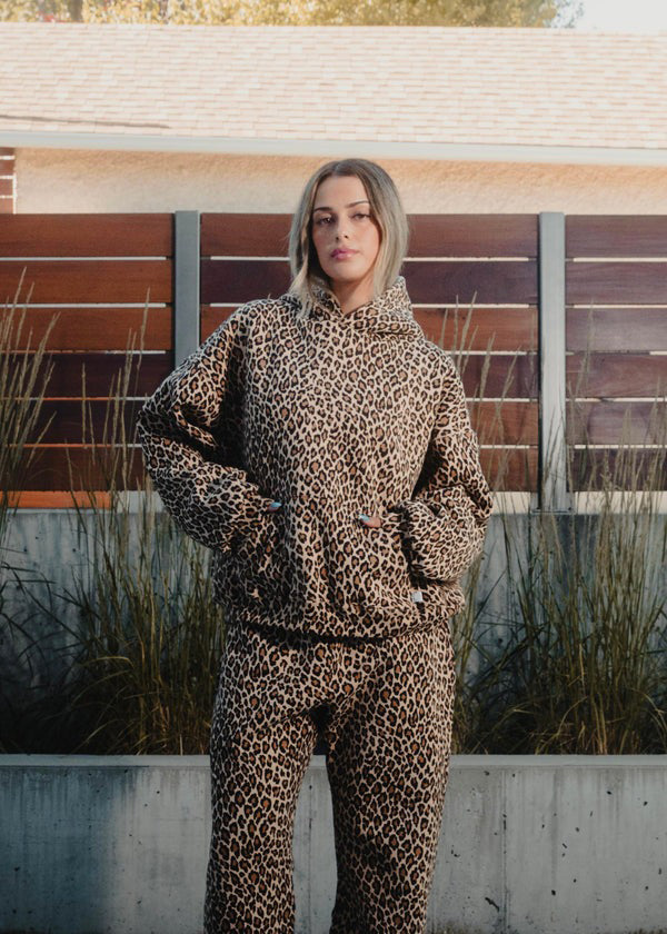 Women's leopard print hooded lounge set, front view
