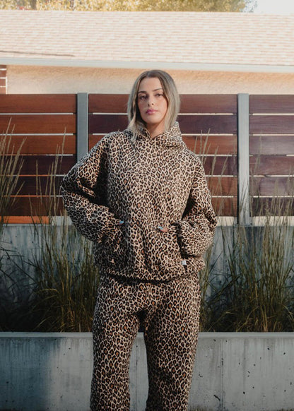 Women's leopard print hooded lounge set, front view