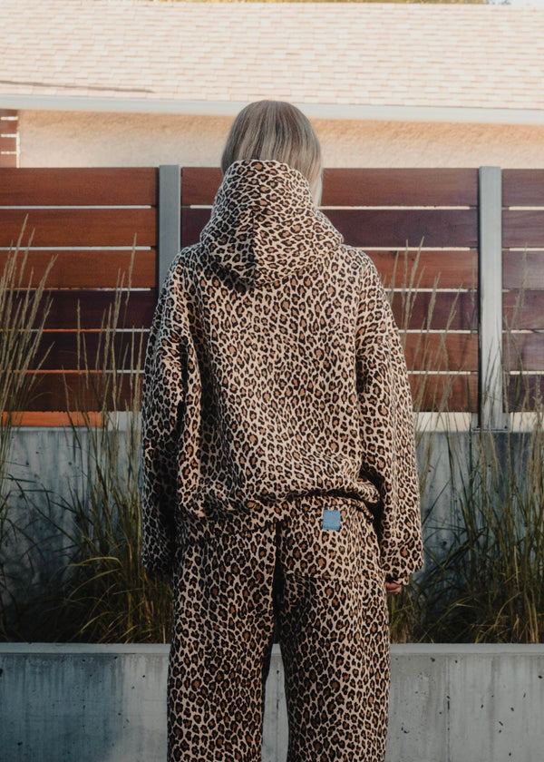 Women's leopard print hooded lounge set, styled view