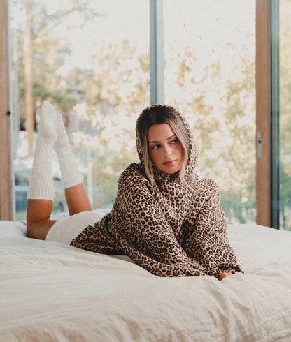 Women's leopard print hooded lounge set, side view