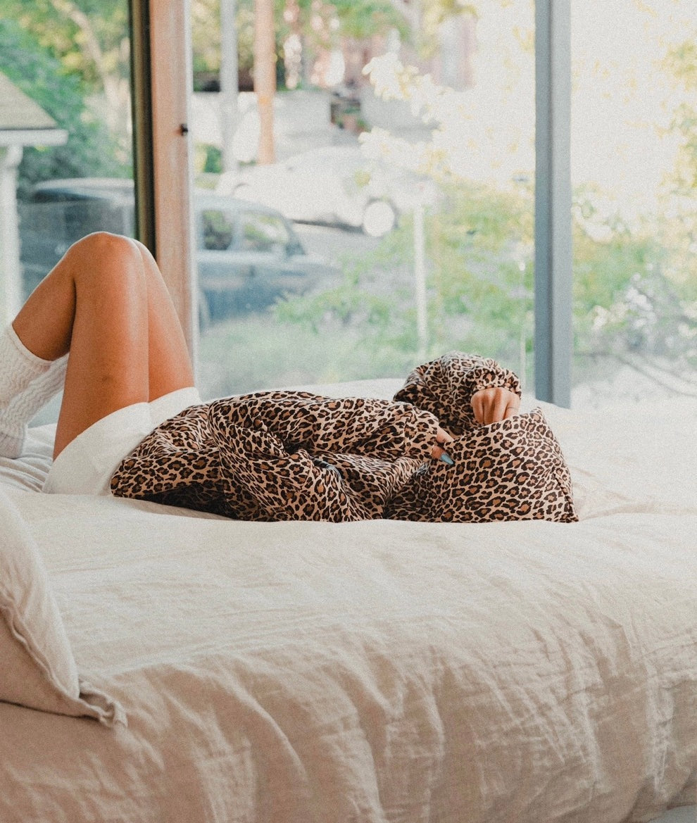 Women's leopard print hooded lounge set, back view