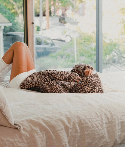 Women's leopard print hooded lounge set, back view