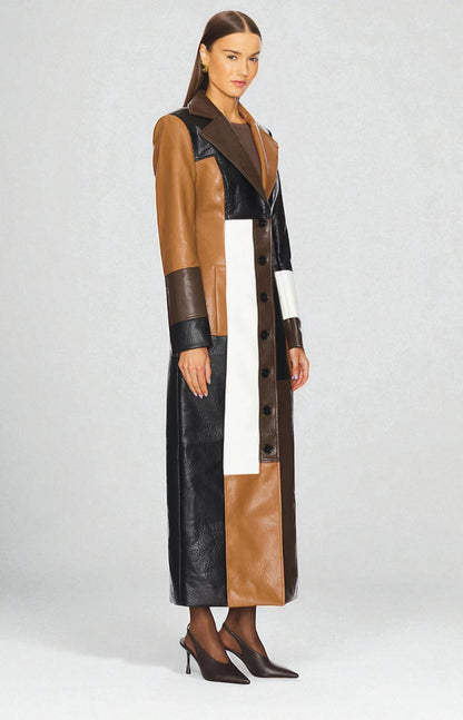 Women's notched lapel colourblock button coat, side view