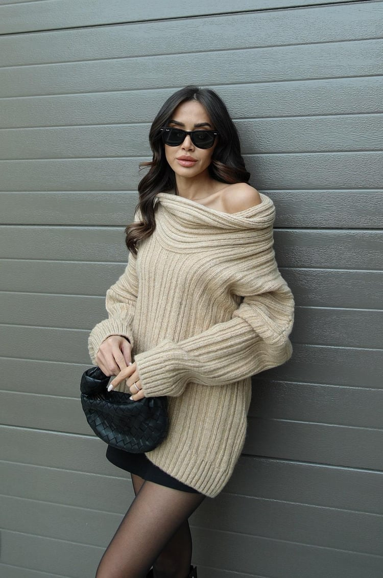 Women's off shoulder long sleeve jumper in white, front view
